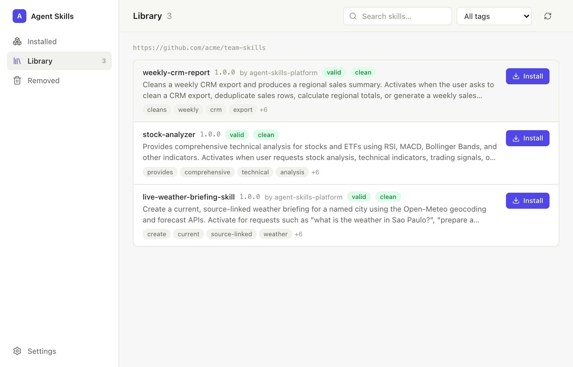 Agent Skills desktop app, Library tab: three skills with validation and security badges and an Install button