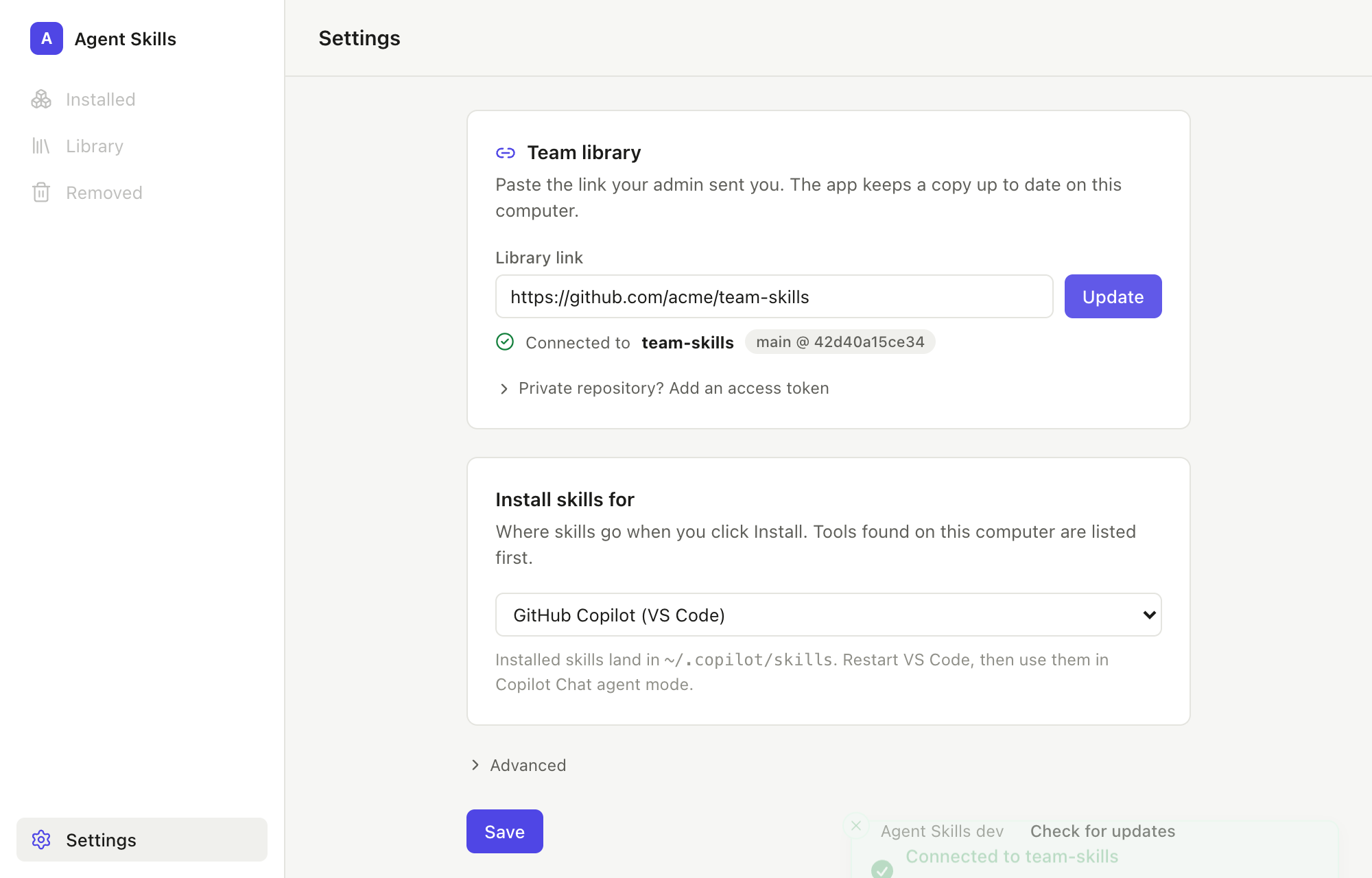 Settings tab with the library connected and GitHub Copilot selected as the install target